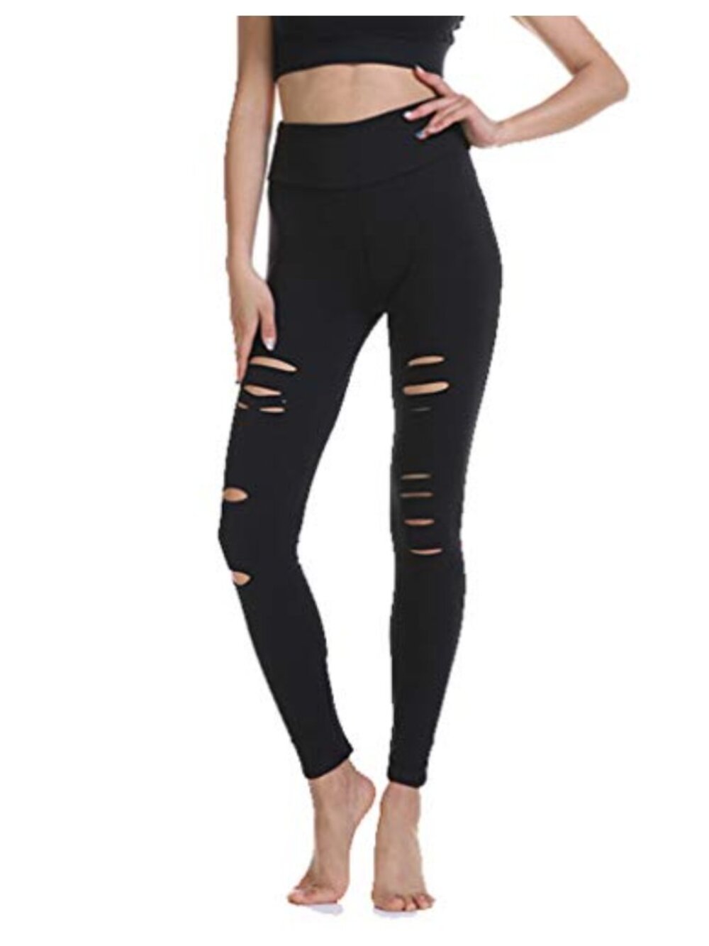 High Waist Ripped Yoga Pants Cut Out Workout Running Leggings